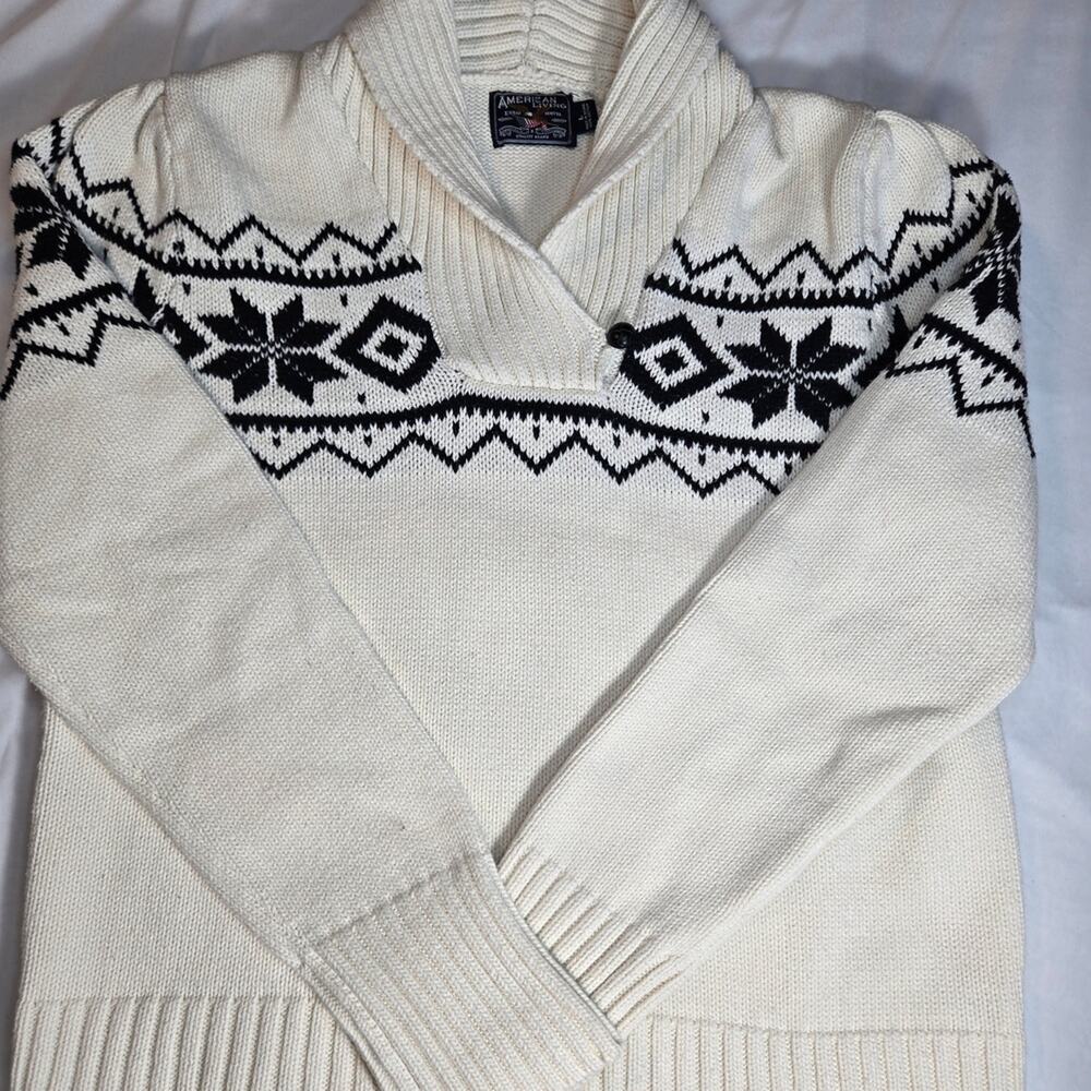 American Living Men's Large Collar Sweater Fair Isle Nordic Cotton Cream #1089
